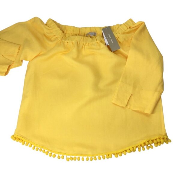 Joan Vass New York NWT Linen Top Off Shoulder Pom Poms Size M Yellow 3/4 Sleeve - Picture 6 of 9
